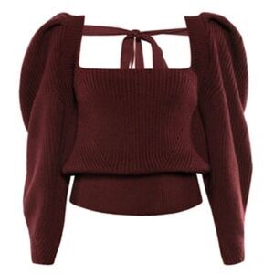 Anna October Rachel Tie-Accented Wool-Knit Sweater In Burgundy, Size XL